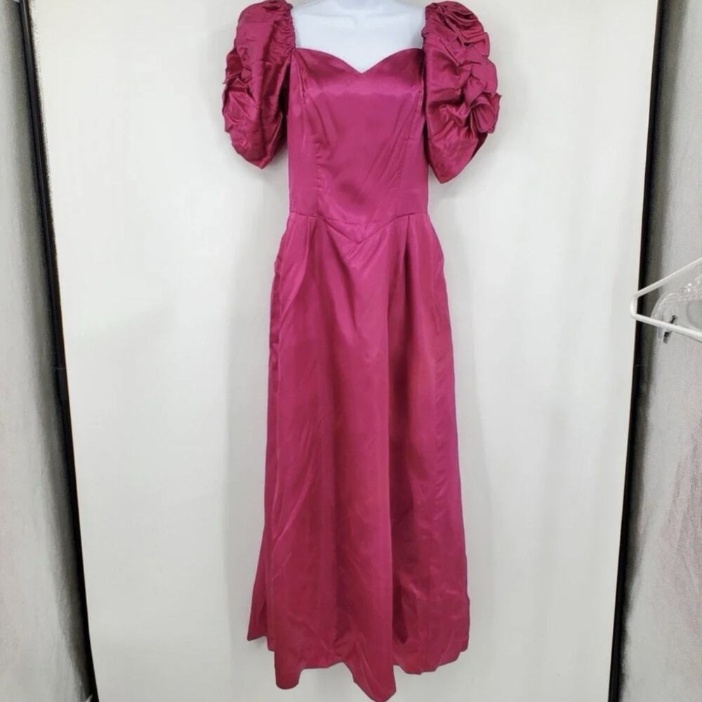 Vintage 80s Fuchsia Pink Satin Puff Sleeve Gown Union Made Prom Dress 8 Barbie